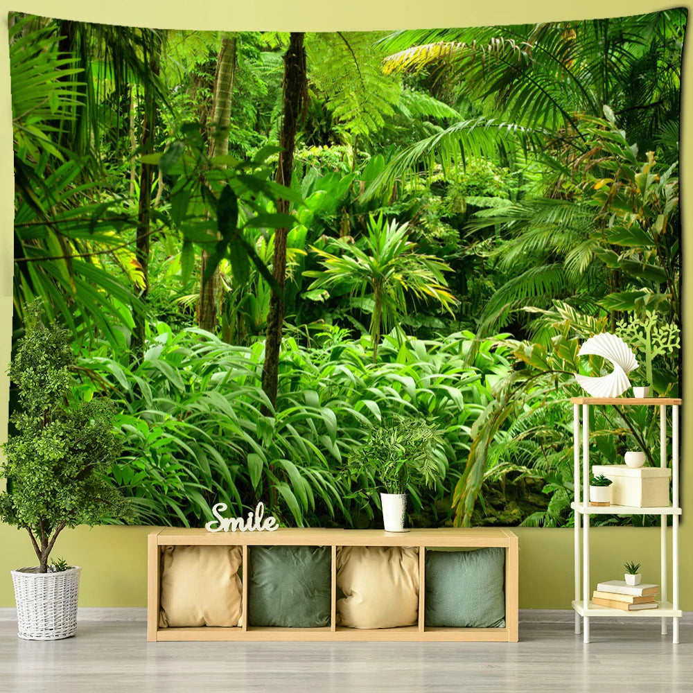Wall tapestry showing dense tropical rainforest ferns