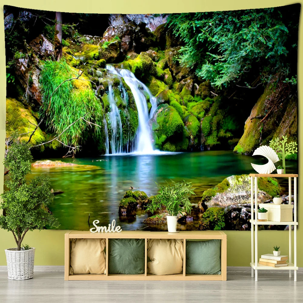 Wall tapestry showing a small waterfall and pool in a mossy forest