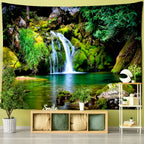 Wall tapestry showing a small waterfall and pool in a mossy forest