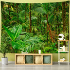 Wall tapestry showing tropical palms and dense rainforest foliage