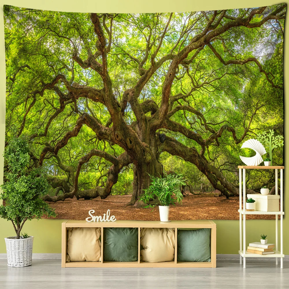 Wall tapestry showing a broad old live oak with sprawling limbs