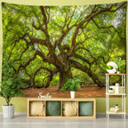 Wall tapestry showing a broad old live oak with sprawling limbs