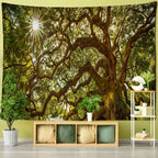 Wall tapestry showing sprawling live oak branches with a sunburst