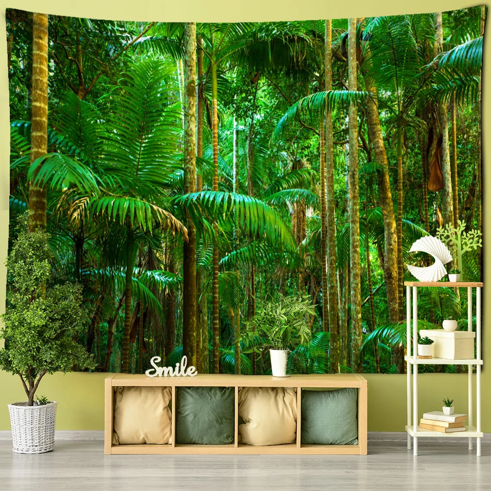 Wall tapestry showing a dense jungle of palms and green foliage