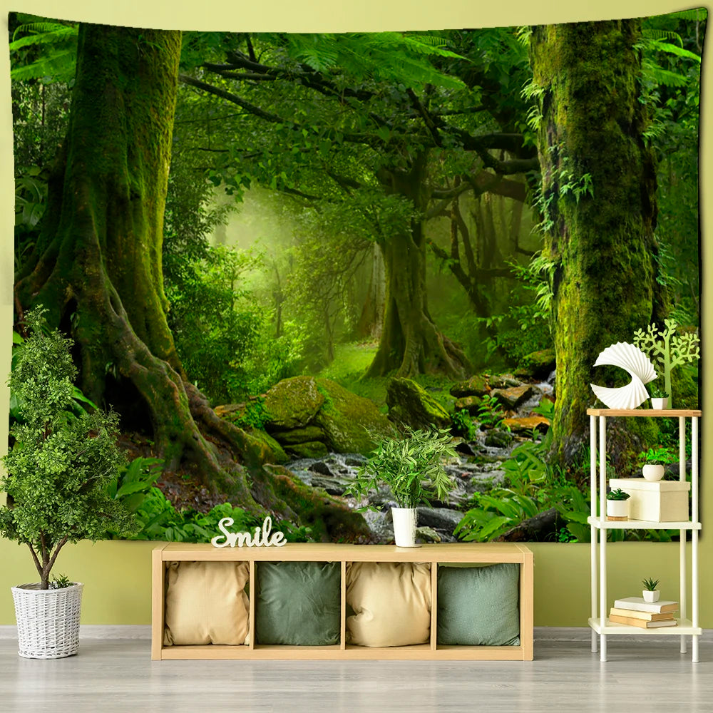 Wall tapestry showing a misty path between enormous forest trees