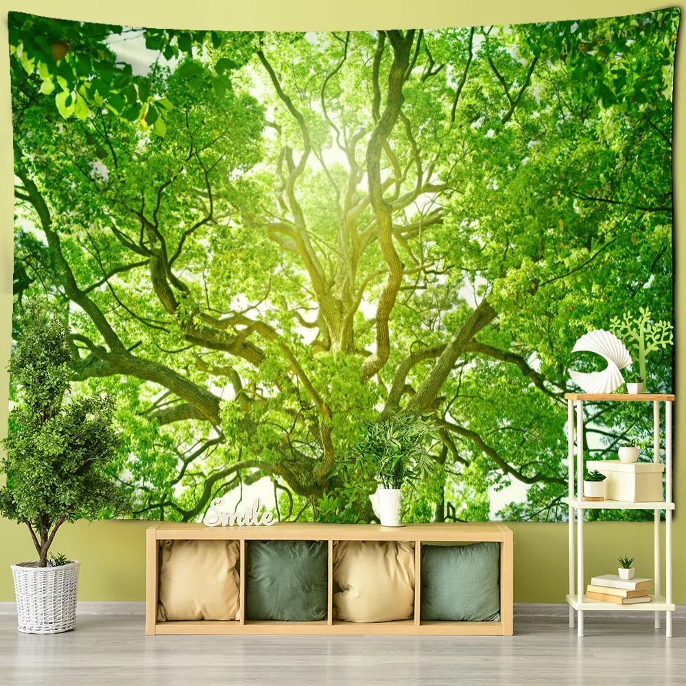 Wall tapestry showing sunlight through a leafy green tree canopy