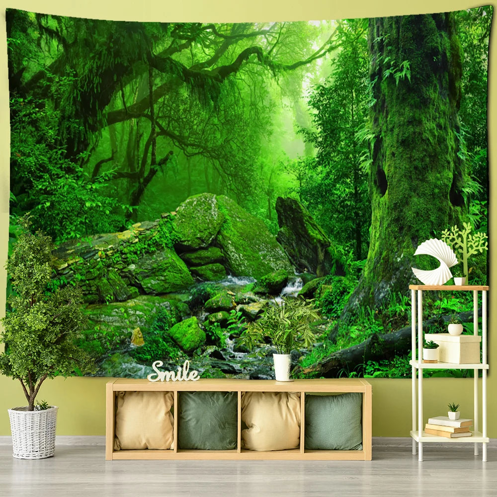 Wall tapestry showing a mossy stream with boulders in a green forest
