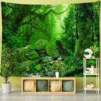 Wall tapestry showing a mossy stream with boulders in a green forest