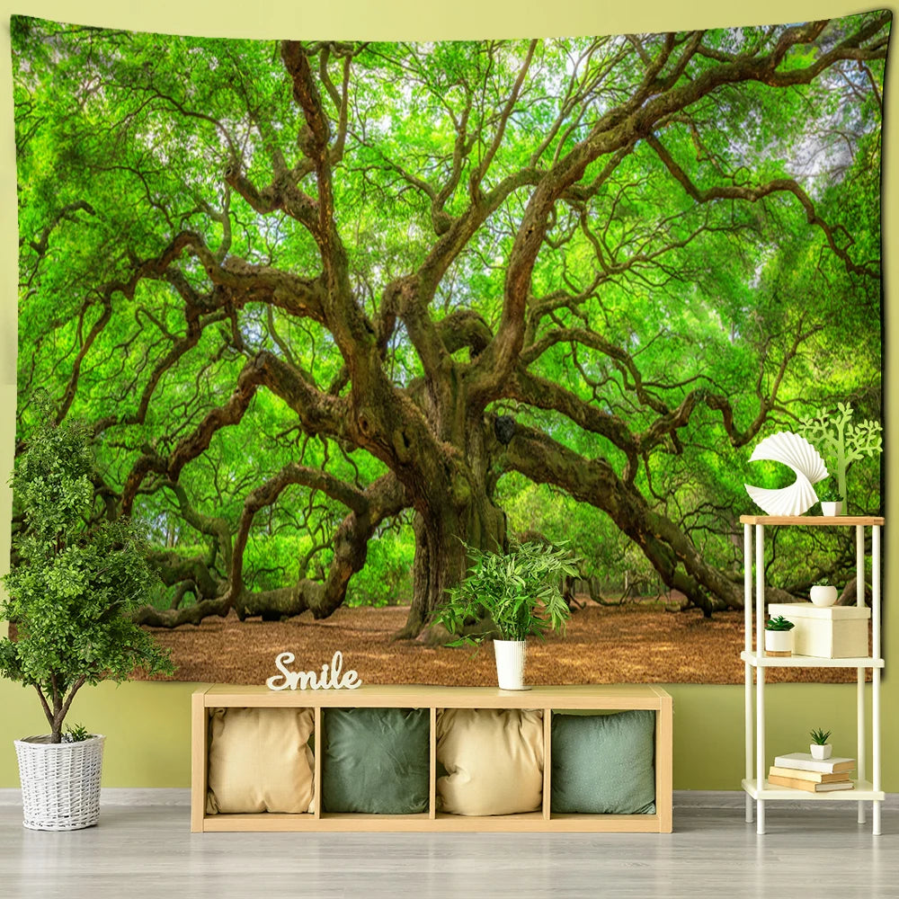 Wall tapestry showing a massive live oak with winding branches