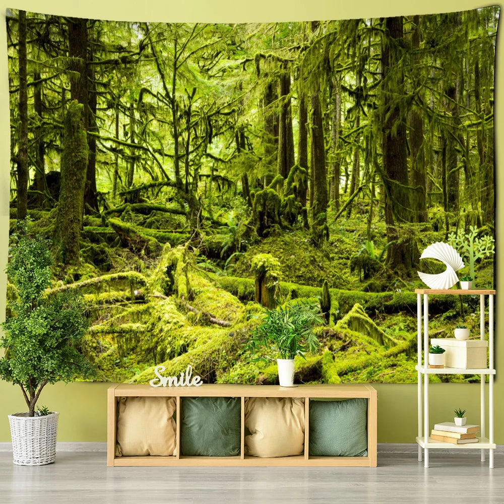 Wall tapestry showing a moss-covered forest floor and fallen logs