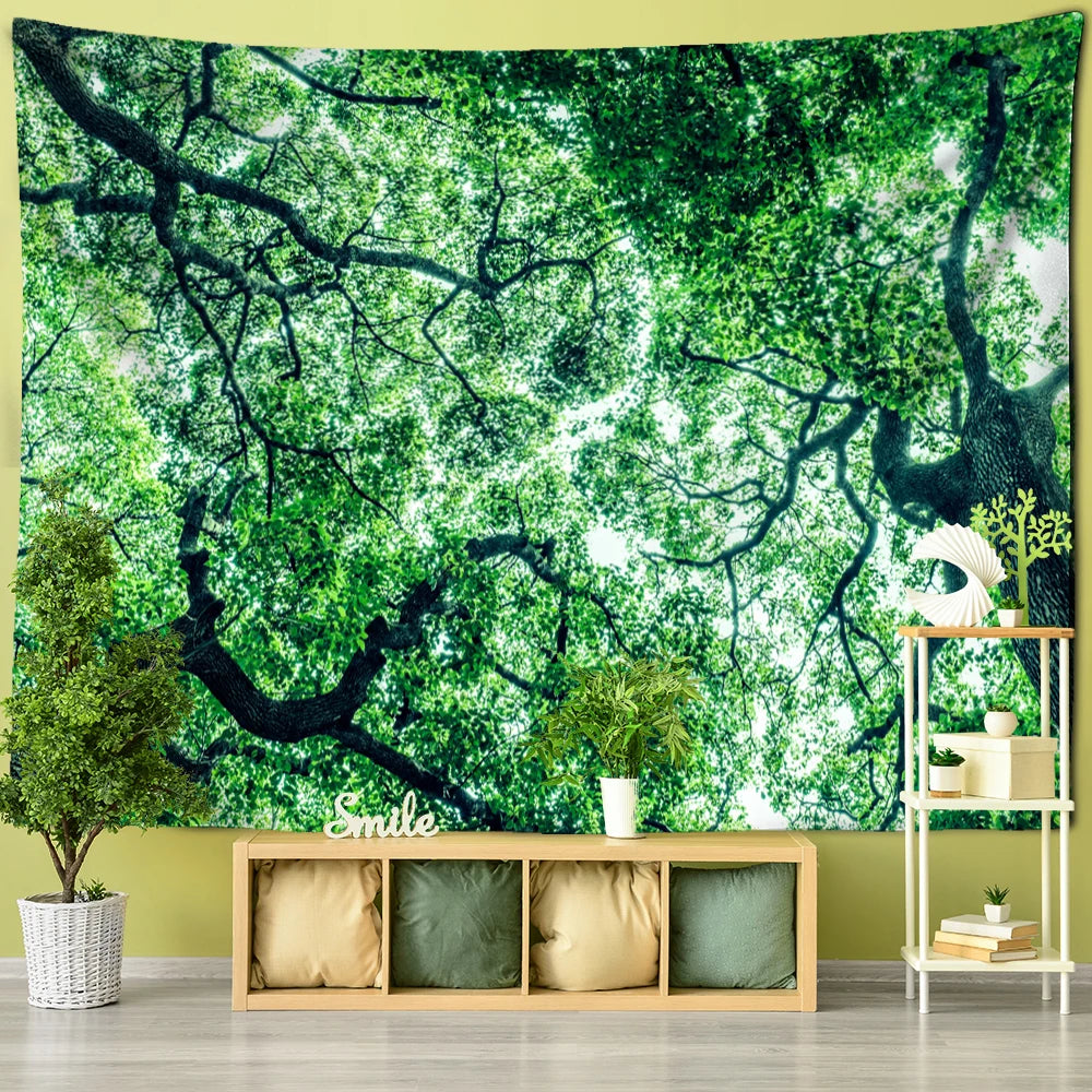 Wall tapestry showing a bright green canopy of twisting tree branches