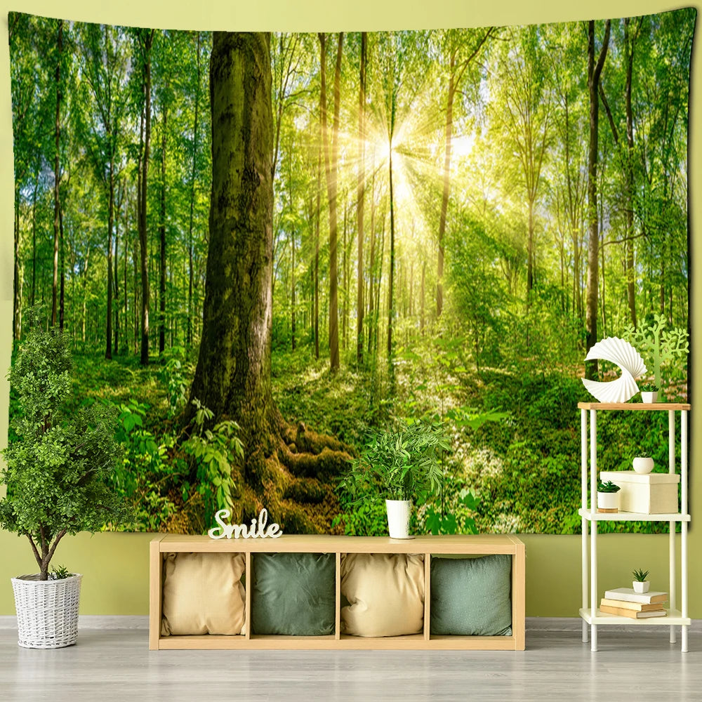Wall tapestry showing sunlight streaming through a tall forest