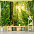 Wall tapestry showing sunlight streaming through a tall forest