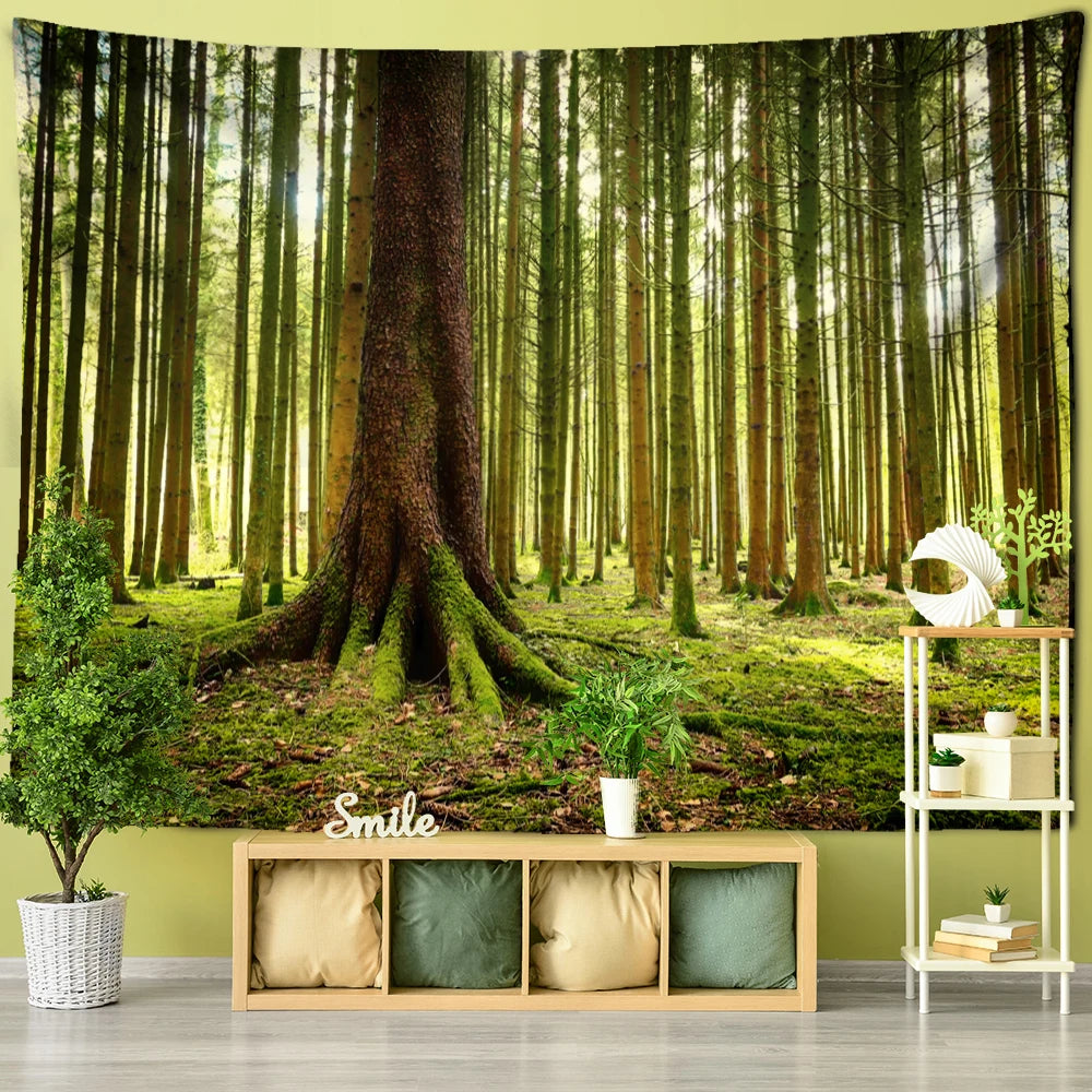 Wall tapestry showing tall straight evergreen trunks in a forest