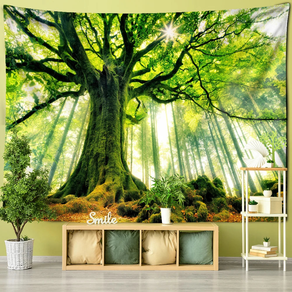 Wall tapestry showing a massive old tree illuminated by sun rays