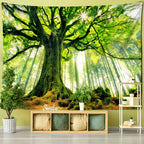 Wall tapestry showing a massive old tree illuminated by sun rays