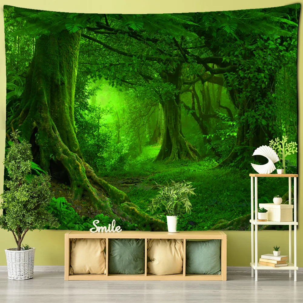 Wall tapestry showing a dark green forest tunnel framed by old trees