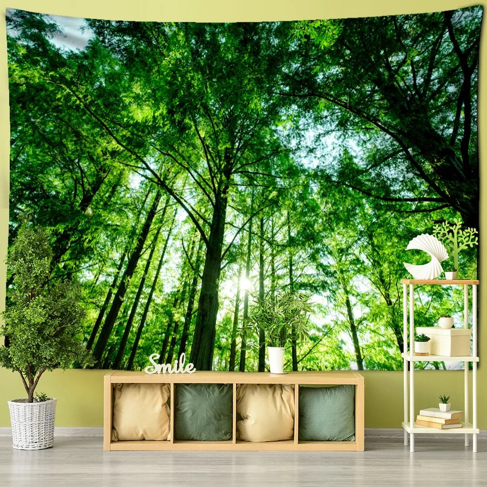 Wall tapestry showing a green bamboo grove viewed toward the canopy