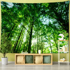 Wall tapestry showing a green bamboo grove viewed toward the canopy