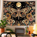 Luna moth, full moon, stars, and flowers tapestry above a home office desk