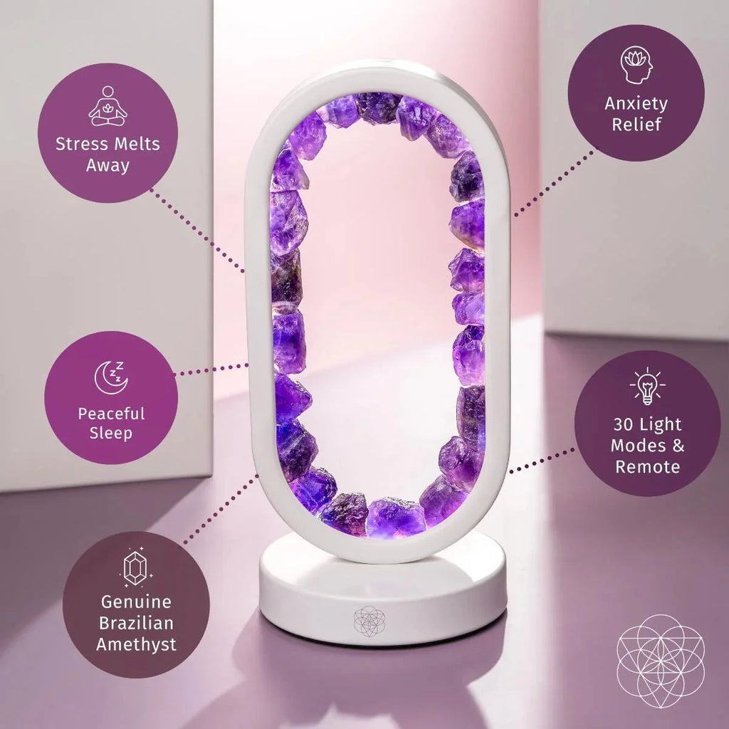 Amethyst lamp feature graphic showing the remote, 30 light modes, and Brazilian amethyst