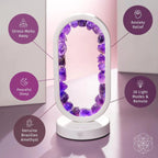 Amethyst lamp feature graphic showing the remote, 30 light modes, and Brazilian amethyst