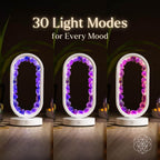 Amethyst crystal arch lamp shown in three colored light modes