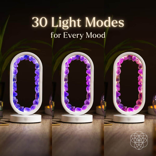 Amethyst crystal arch lamp shown in three colored light modes