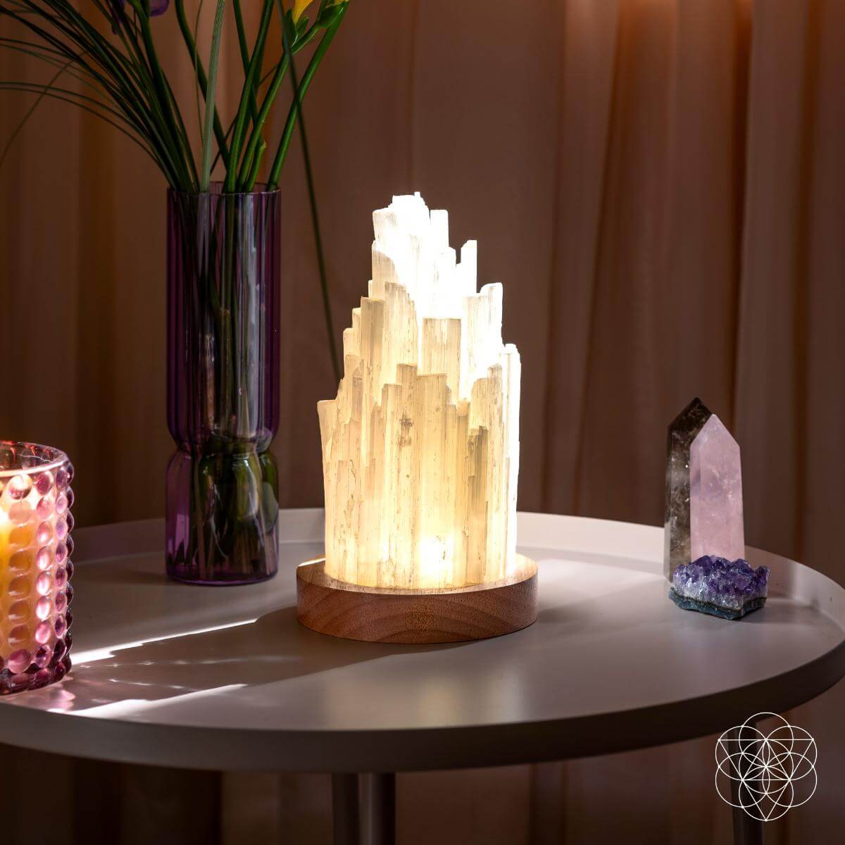 Selenite Tower Lamp with Walnut Base