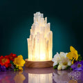 Selenite Tower Lamp with Walnut Base