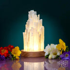 Selenite Tower Lamp with Walnut Base