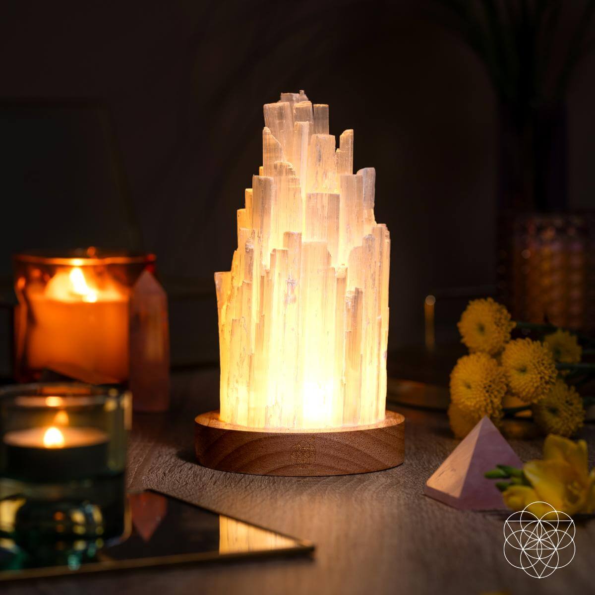 Selenite Tower Lamp with Walnut Base