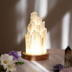 Selenite Tower Lamp with Walnut Base