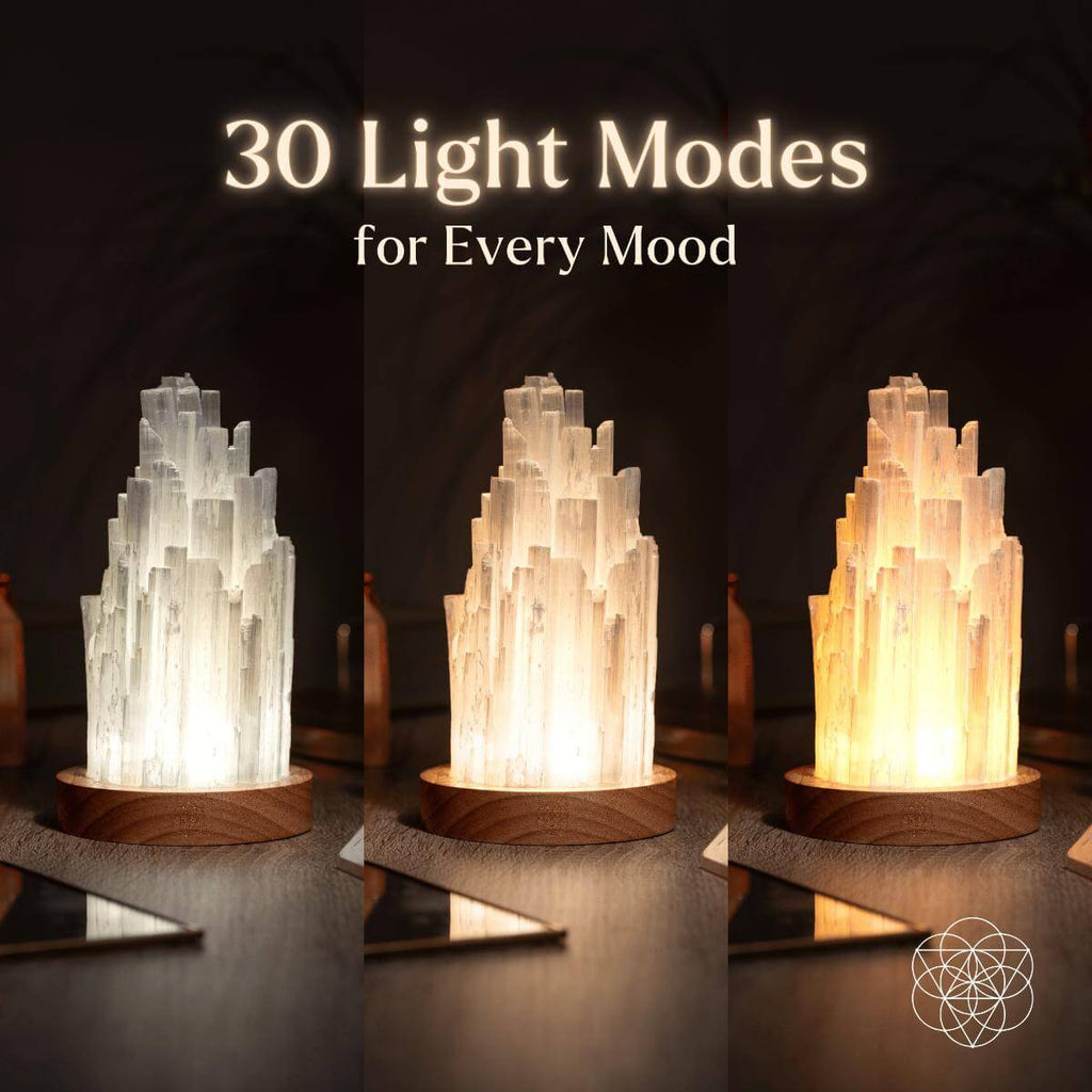 Selenite Tower Lamp with Walnut Base