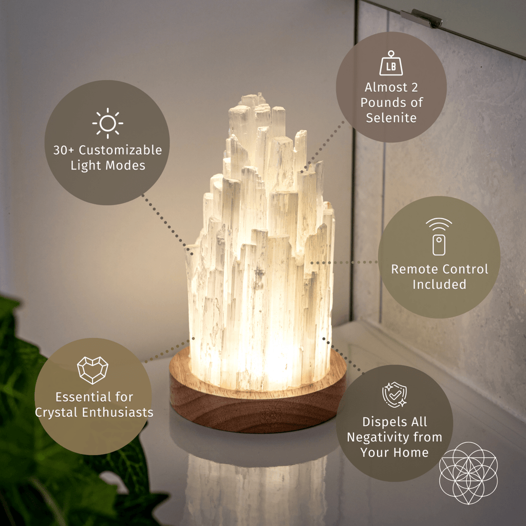 Selenite Tower Lamp with Walnut Base